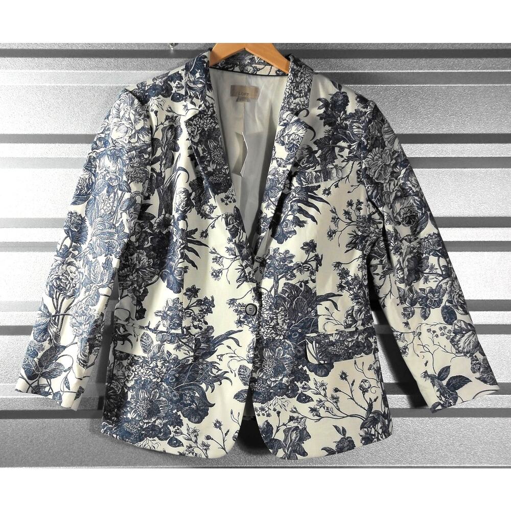 LOFT Blue and White French Toile Floral Print Blazer Sz 12 NWT